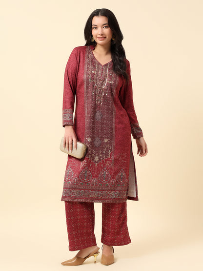 Kurti Palazzo Set for Women | Winter Wear Round Neck Poly Blend Fabric Printed Pattern