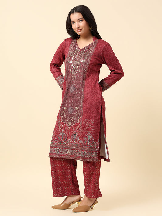 Kurti Palazzo Set for Women | Winter Wear Round Neck Poly Blend Fabric Printed Pattern