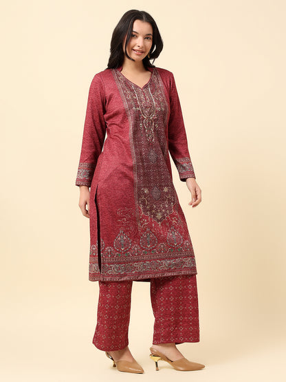 Kurti Palazzo Set for Women | Winter Wear Round Neck Poly Blend Fabric Printed Pattern