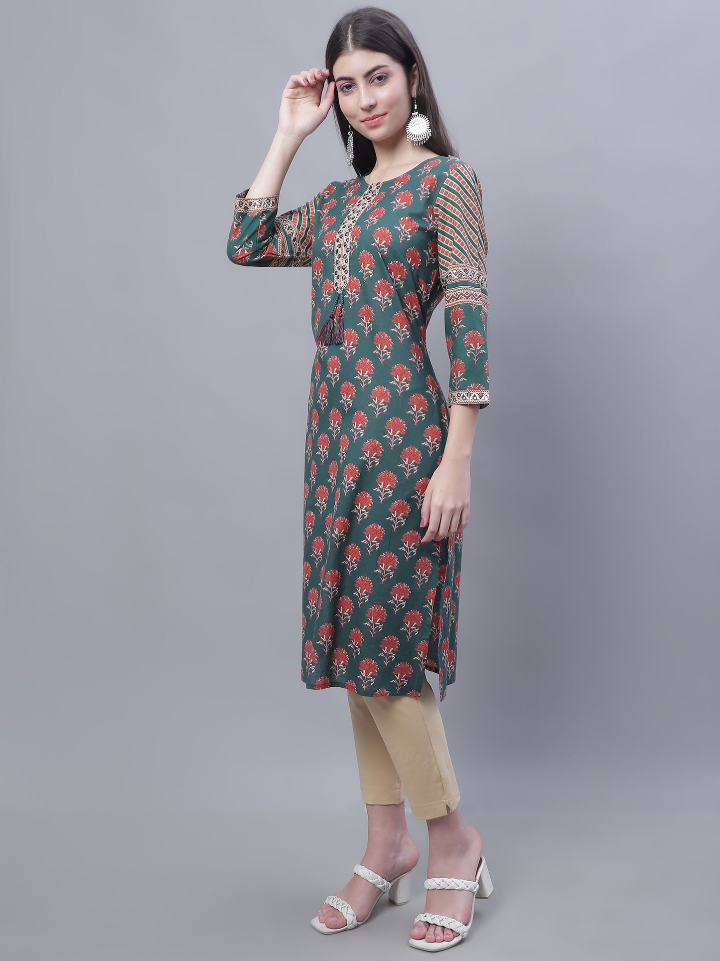 Cantabil Women Round Neck Green Kurti (7135772934283)