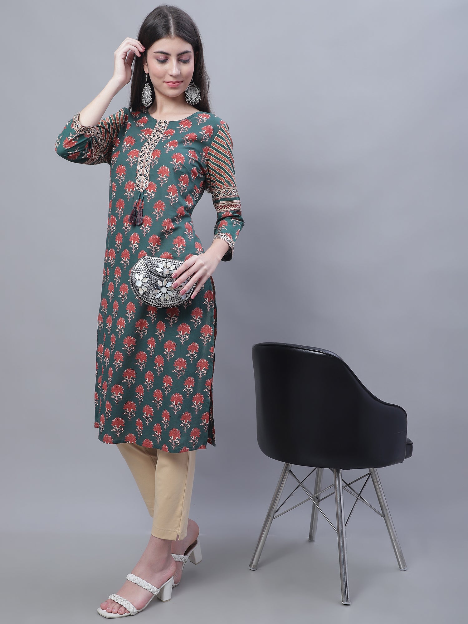 Cantabil Women Round Neck Green Kurti (7135772934283)