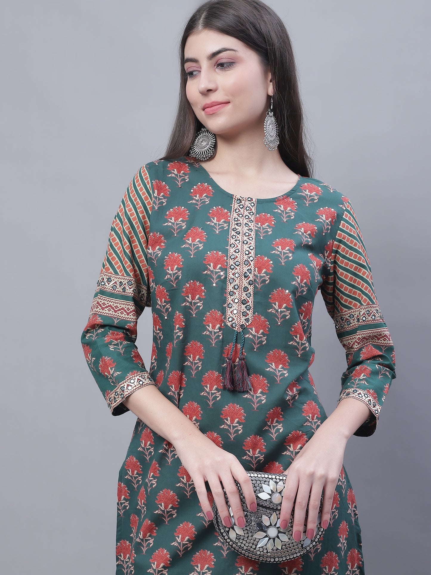 Cantabil Women Round Neck Green Kurti (7135772934283)