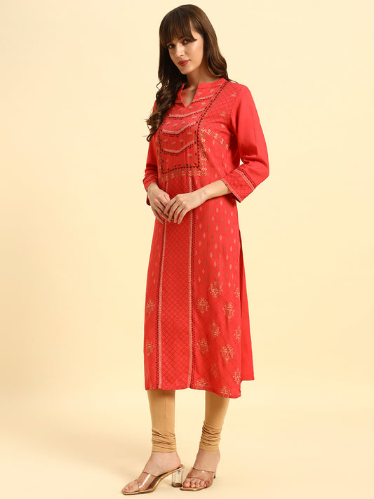 Kurti for Women | Breathable & Soft with Color Fastness Regular Fit Band Neck Rayon Fabric Printed Pattern