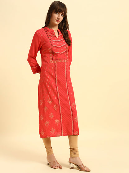 Kurti for Women | Breathable & Soft with Color Fastness Regular Fit Band Neck Rayon Fabric Printed Pattern