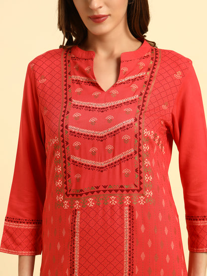 Kurti for Women | Breathable & Soft with Color Fastness Regular Fit Band Neck Rayon Fabric Printed Pattern