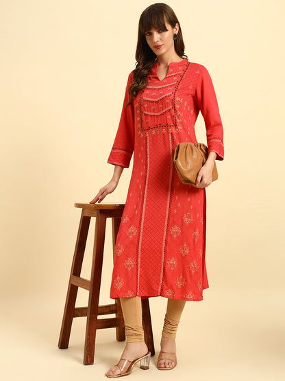 Kurti for Women | Breathable & Soft with Color Fastness Regular Fit Band Neck Rayon Fabric Printed Pattern