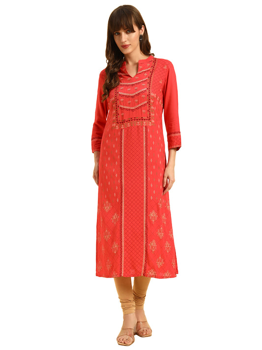 Kurti for Women | Breathable & Soft with Color Fastness Regular Fit Band Neck Rayon Fabric Printed Pattern