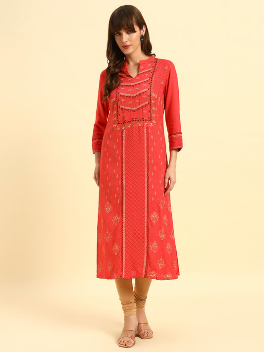 Kurti for Women | Breathable & Soft with Color Fastness Regular Fit Band Neck Rayon Fabric Printed Pattern