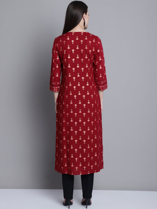Cantabil Women Rayon Floral Printed Round Neck 3/4 Sleeves Maroon Kurti (7163153383563)