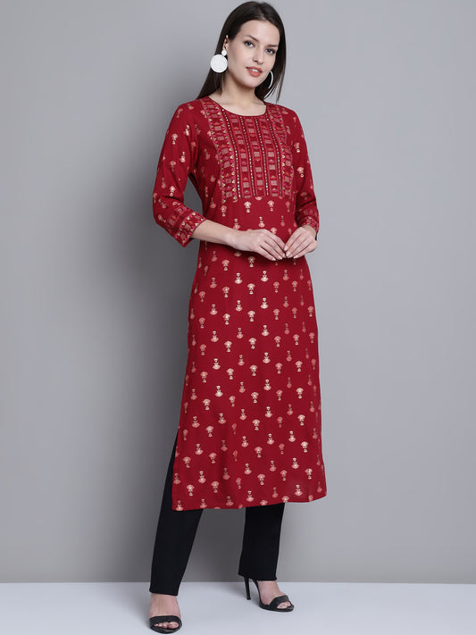 Cantabil Women Rayon Floral Printed Round Neck 3/4 Sleeves Maroon Kurti (7163153383563)