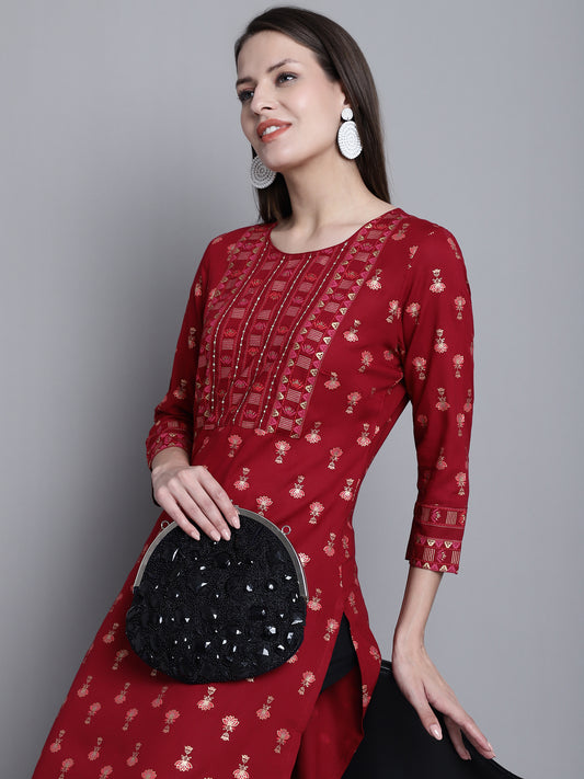 Cantabil Women Rayon Floral Printed Round Neck 3/4 Sleeves Maroon Kurti (7163153383563)