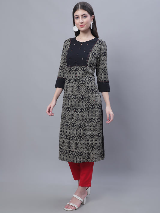 Cantabil Women Round Neck Black Kurti (7135773655179)