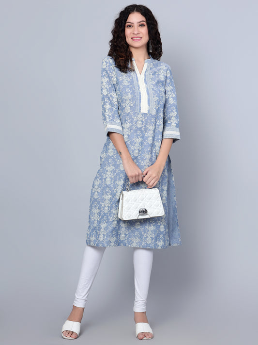 Cantabil Women Blue Printed 3/4th Sleeves Cotton Kurti (7154582388875)