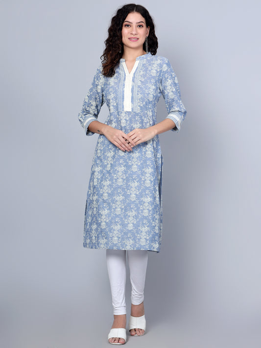 Cantabil Women Blue Printed 3/4th Sleeves Cotton Kurti (7154582388875)