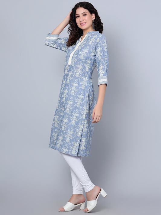 Cantabil Women Blue Printed 3/4th Sleeves Cotton Kurti (7154582388875)