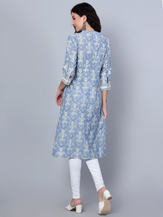 Cantabil Women Blue Printed 3/4th Sleeves Cotton Kurti (7154582388875)