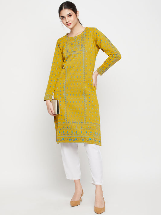 Women's Casual Round Neck Mustard All Over Jacquard Knee Length Knit Kurti