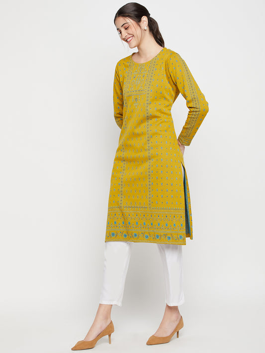 Women's Casual Round Neck Mustard All Over Jacquard Knee Length Knit Kurti