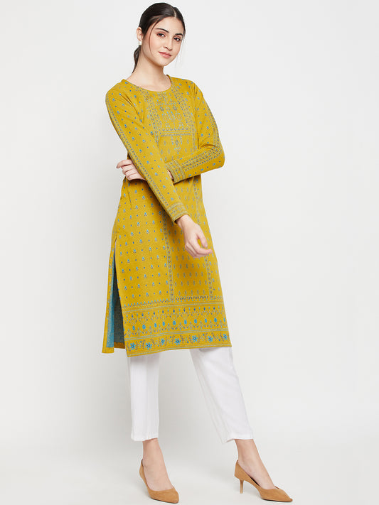 Women's Casual Round Neck Mustard All Over Jacquard Knee Length Knit Kurti
