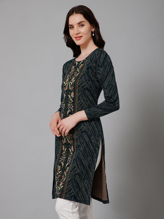 Women's Casual Round Neck Teal All Over Jacquard Above Knee Length Knit Kurti