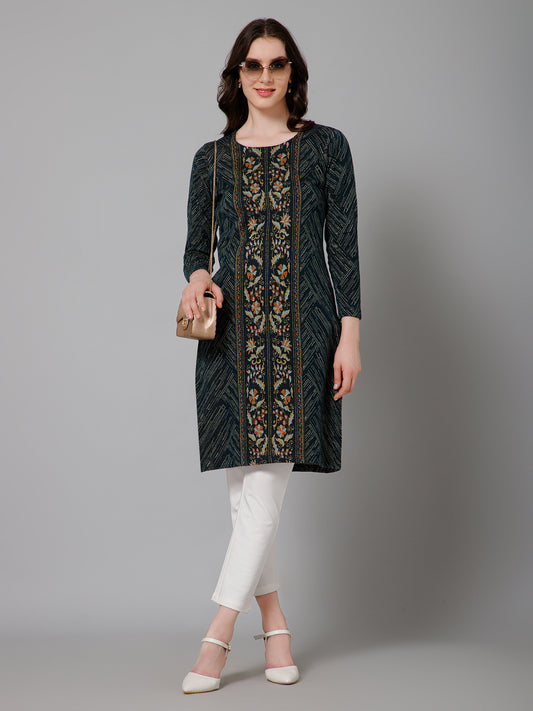Women's Casual Round Neck Teal All Over Jacquard Above Knee Length Knit Kurti