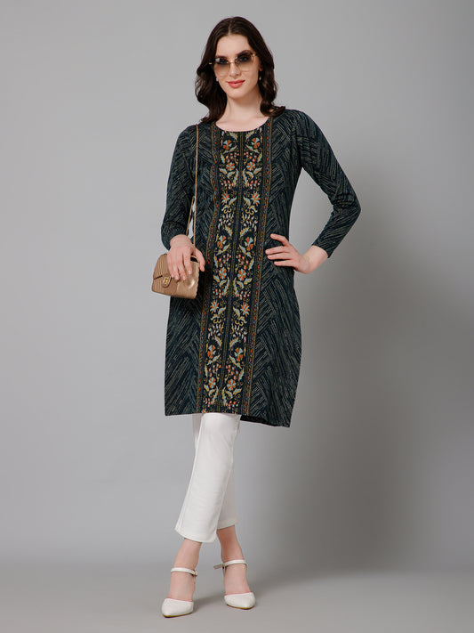 Women's Casual Round Neck Teal All Over Jacquard Above Knee Length Knit Kurti