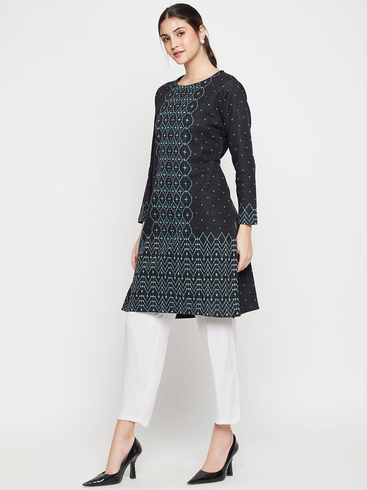 Women's Casual Round neck Black All over Jacquard Knee Length Knit Kurti