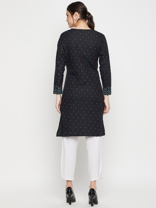Women's Casual Round neck Black All over Jacquard Knee Length Knit Kurti