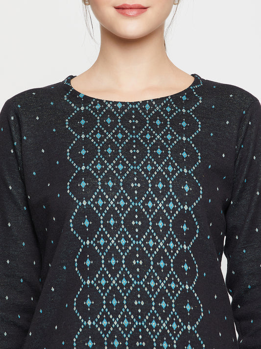 Women's Casual Round neck Black All over Jacquard Knee Length Knit Kurti