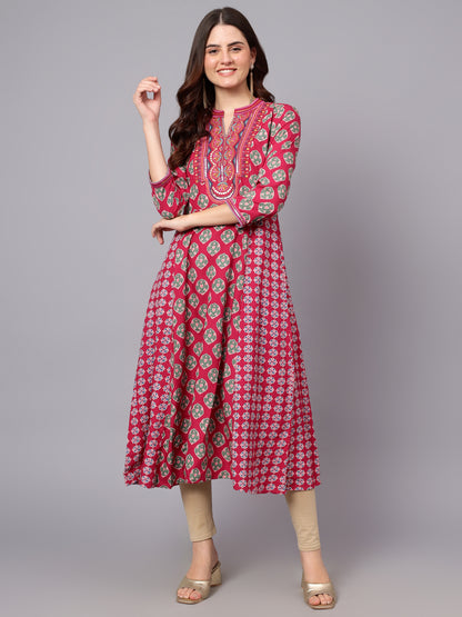 Women's Dark-Pink Floral Printed Band Collar Regular Fit 3/4 Sleeves Kurti