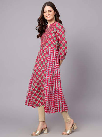 Women's Dark-Pink Floral Printed Band Collar Regular Fit 3/4 Sleeves Kurti