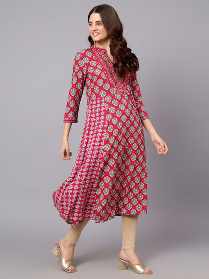 Women's Dark-Pink Floral Printed Band Collar Regular Fit 3/4 Sleeves Kurti