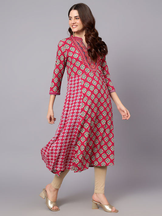 Women's Dark-Pink Floral Printed Band Collar Regular Fit 3/4 Sleeves Kurti