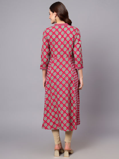 Women's Dark-Pink Floral Printed Band Collar Regular Fit 3/4 Sleeves Kurti