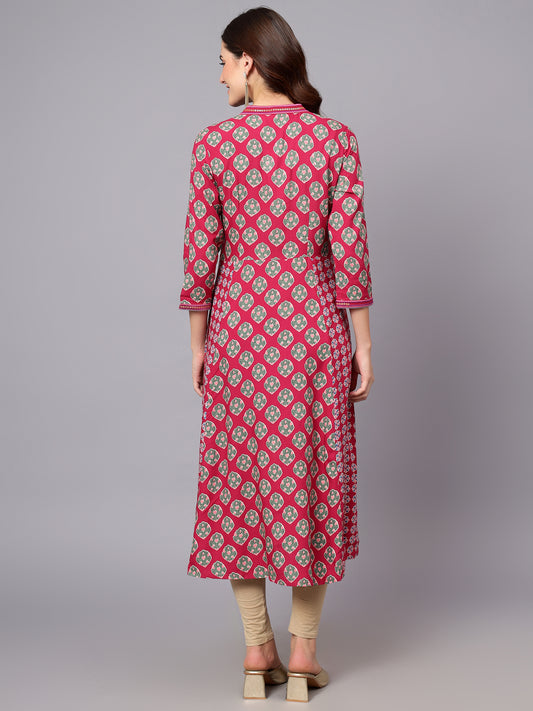 Women's Dark-Pink Floral Printed Band Collar Regular Fit 3/4 Sleeves Kurti