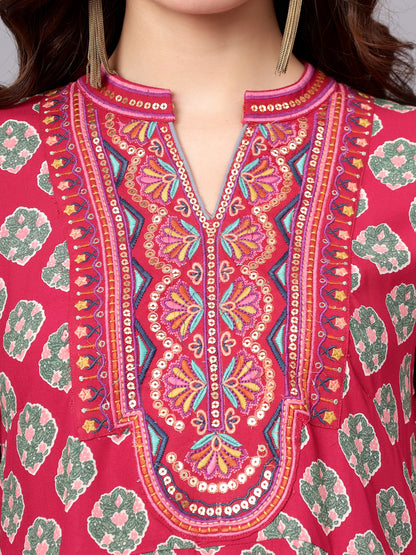 Women's Dark-Pink Floral Printed Band Collar Regular Fit 3/4 Sleeves Kurti