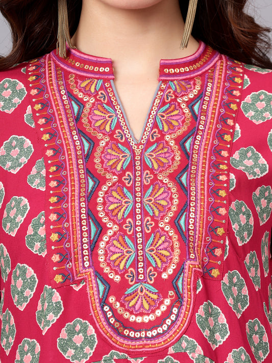 Women's Dark-Pink Floral Printed Band Collar Regular Fit 3/4 Sleeves Kurti