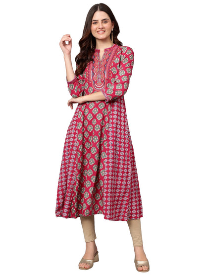 Women's Dark-Pink Floral Printed Band Collar Regular Fit 3/4 Sleeves Kurti