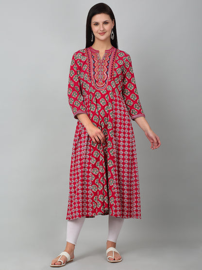 Women Fuchsia Printed V Neck Long Kurti