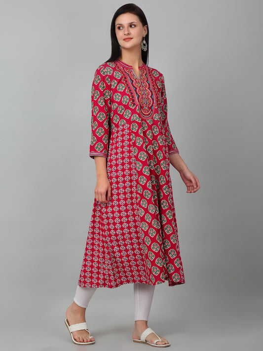 Women Fuchsia Printed V Neck Long Kurti