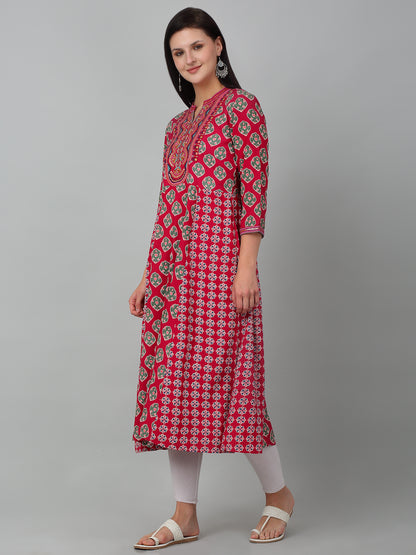 Women Fuchsia Printed V Neck Long Kurti