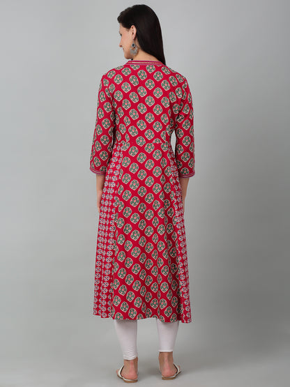 Women Fuchsia Printed V Neck Long Kurti