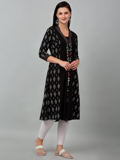 Women's Casual V neck Black All over Printed Knee length Kurti