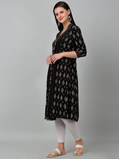 Women's Casual V neck Black All over Printed Knee length Kurti