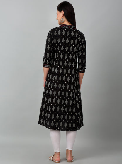 Women's Casual V neck Black All over Printed Knee length Kurti