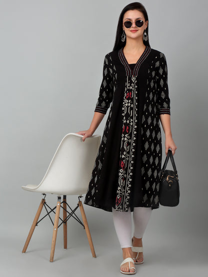 Women's Casual V neck Black All over Printed Knee length Kurti