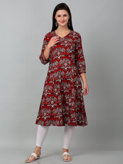 Women's Casual V neck Maroon All over Printed Knee length Kurti