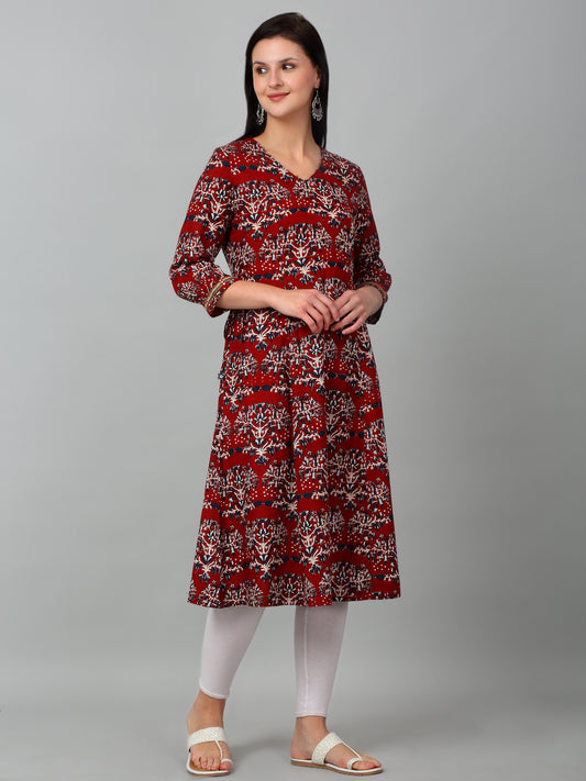Women's Casual V Neck Maroon All Over Printed Knee Length Kurti