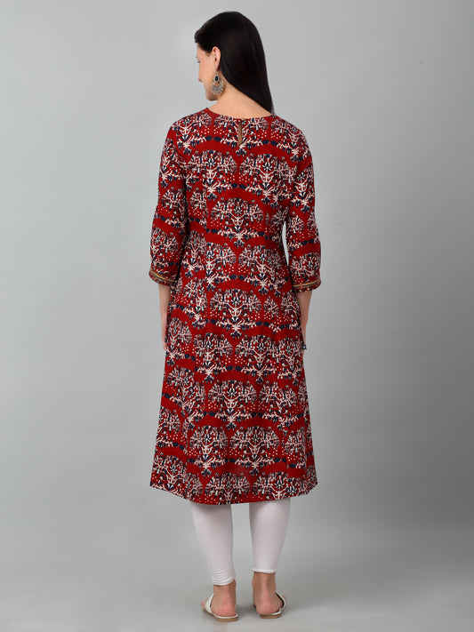 Women's Casual V Neck Maroon All Over Printed Knee Length Kurti