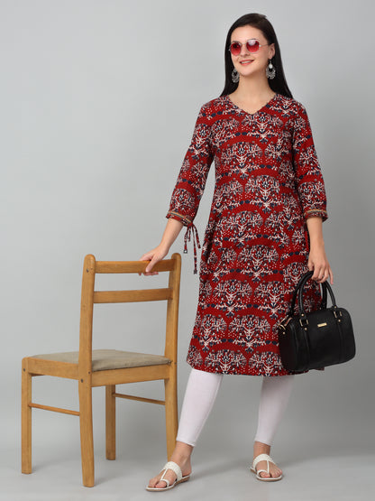 Women's Casual V neck Maroon All over Printed Knee length Kurti